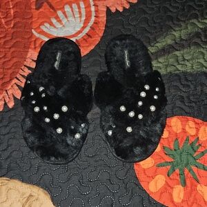 Victoria's Secret Black Furry Slippers with Pearls